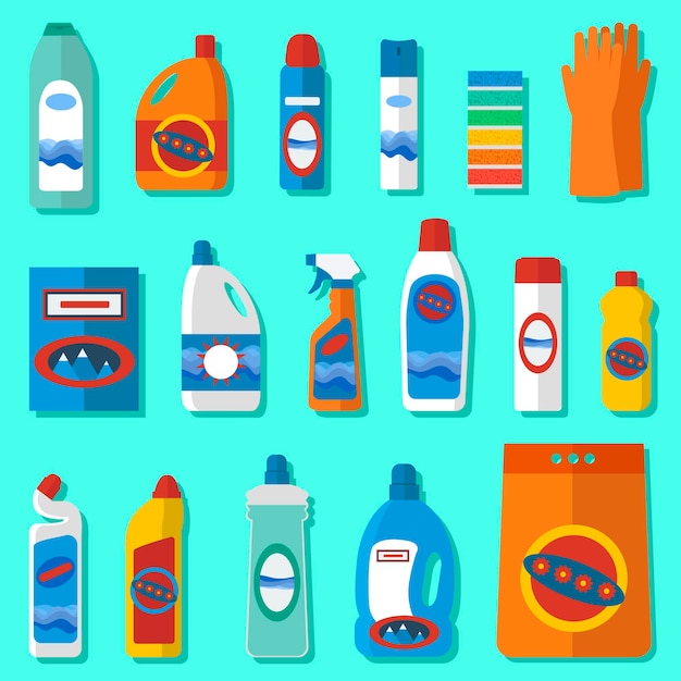 Grupo de botellas de productos químicos domésticos. iconos planos simples. artículos para el hogar y limpieza de conjunto de iconos planos. conceptos de diseño plano para banners web, sitios web, materiales impresos, infografías.