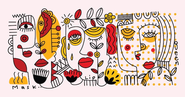 Grupo de cara abstracta retrato de persona línea arte decorativo dibujado a mano ilustración vectorial