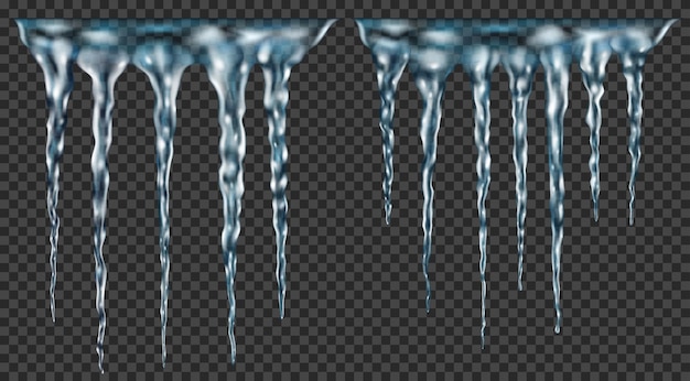 Vector grupo de carámbanos realistas azul claro translúcidos de diferentes longitudes conectados en la parte superior. para usar sobre fondo oscuro. transparencia solo en formato vectorial