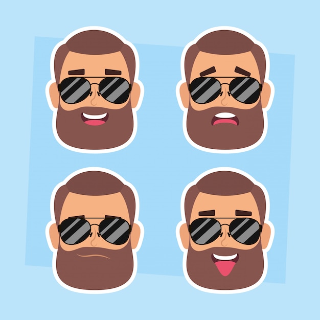 Vector grupo de caras de hombre con barba y gafas de sol, diseño de ilustraciones vectoriales