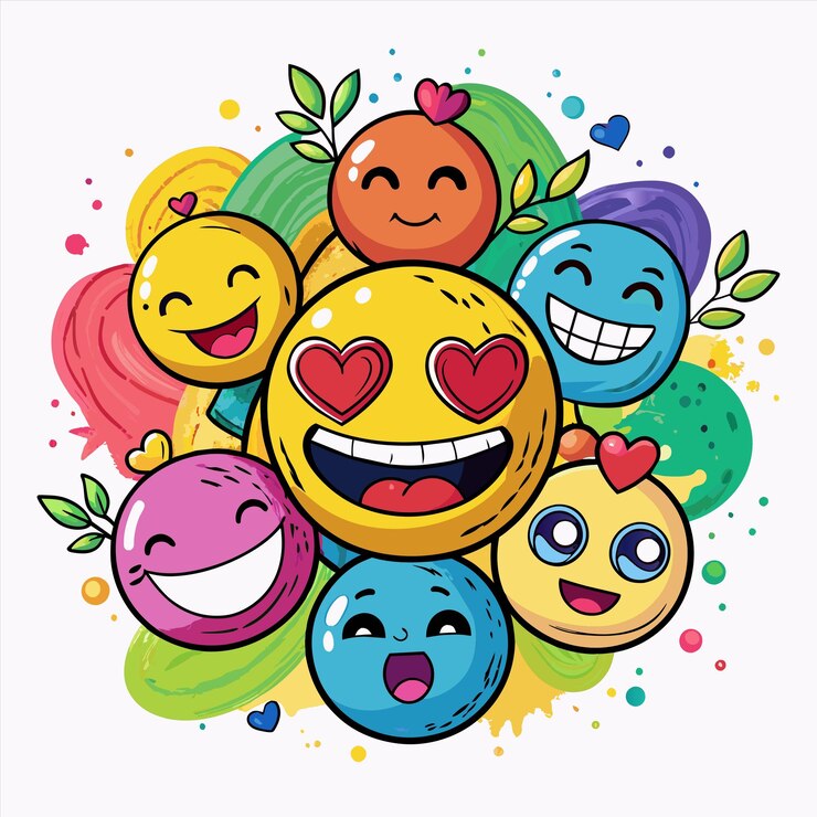Vector un grupo de caras sonrientes de diferentes colores están juntos con las palabras caras felices