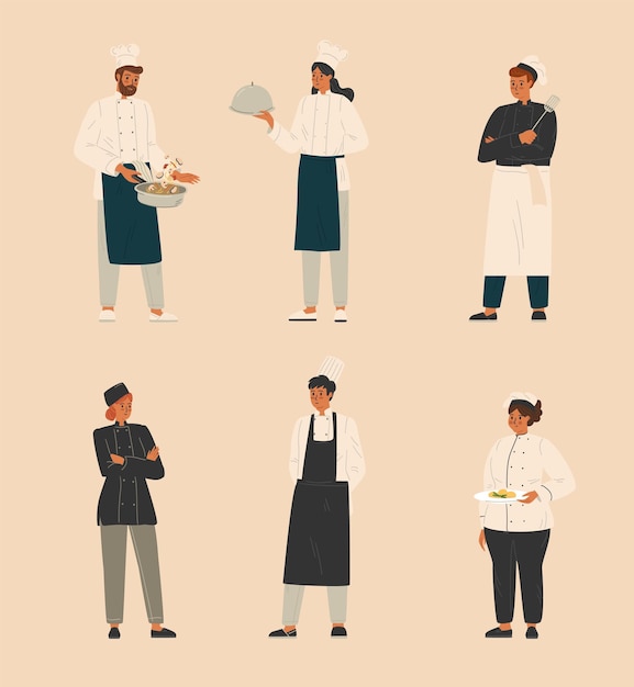 Vector grupo de chefs hombre y mujer chef camarera restaurante personal de cocina conjunto vectorial concepto de equipo de restaurante personas de cocina personajes en uniforme