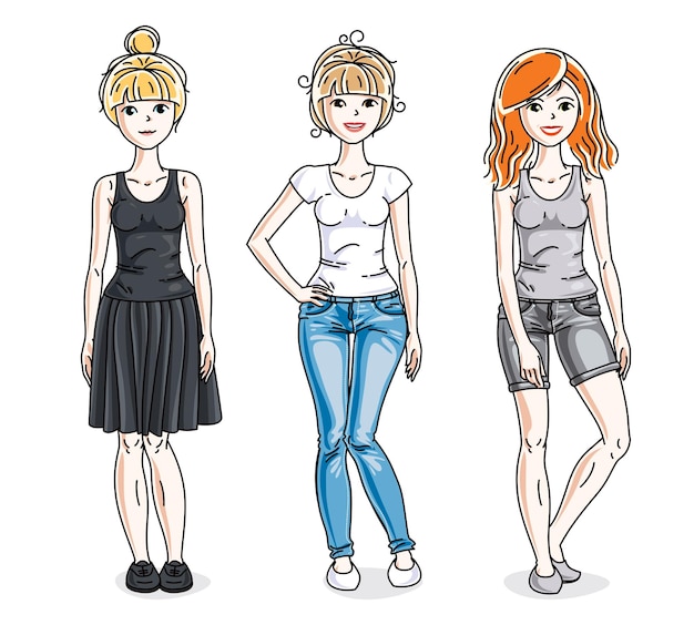 Grupo de chicas adultas jóvenes felices de pie con ropa informal de moda. Conjunto de ilustraciones de personas vectoriales. Dibujos animados temáticos de moda y estilo de vida.