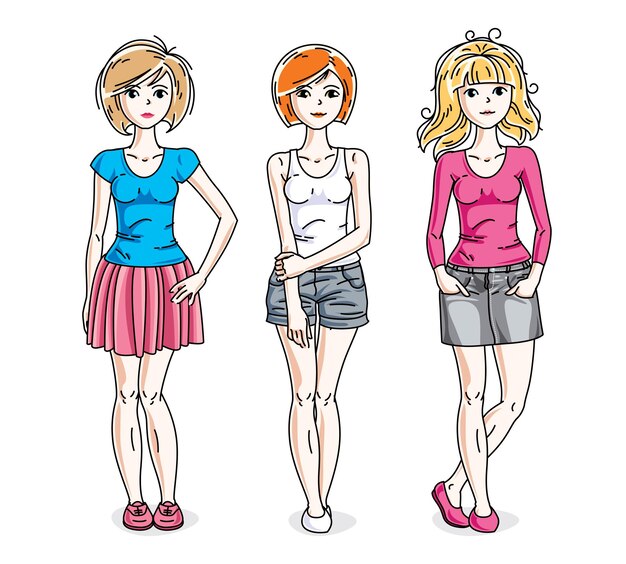 Grupo de chicas adultas jóvenes felices de pie con ropa informal de moda. Conjunto de ilustraciones de personas vectoriales. Dibujos animados temáticos de moda y estilo de vida.