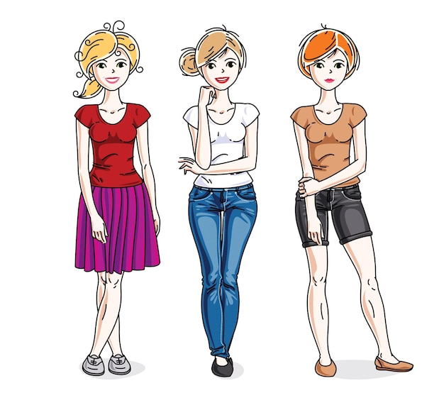 Grupo de chicas adultas jóvenes felices de pie con ropa informal de moda. Conjunto de ilustraciones de personas vectoriales.