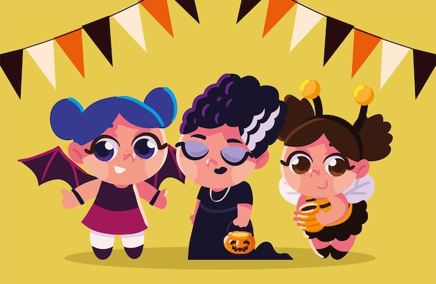 Vector grupo de chicas en disfraces de halloween