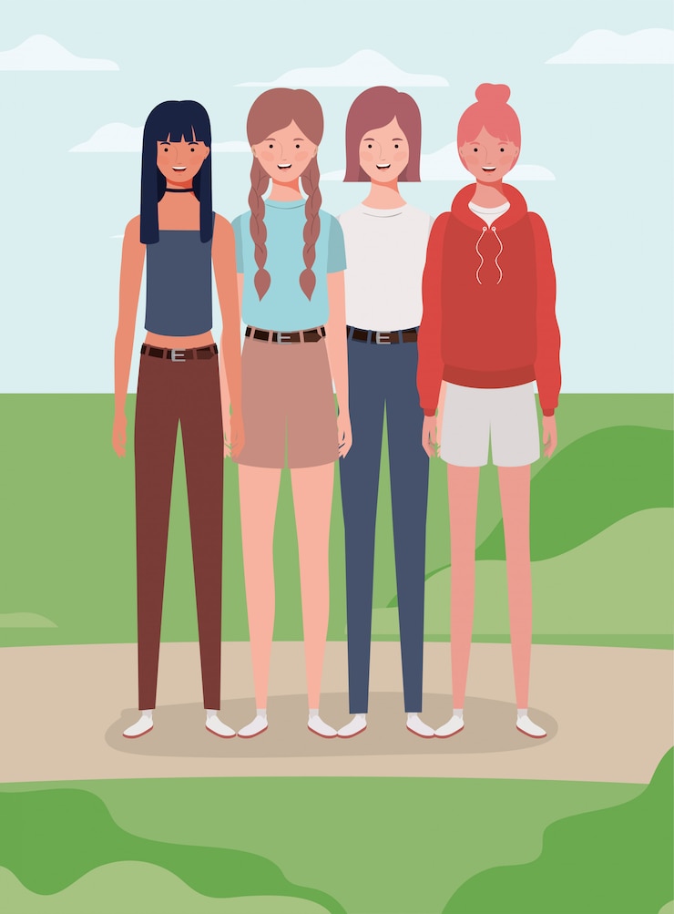 Vector grupo de chicas jóvenes en el campamento de personajes