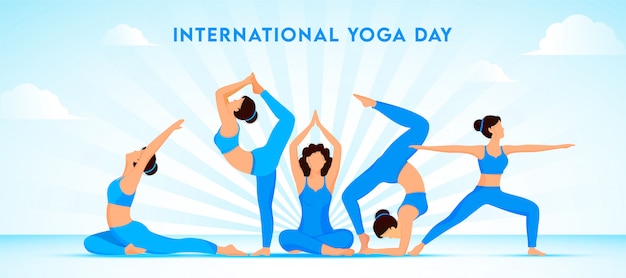 Grupo de chicas jóvenes haciendo yoga en diferentes poses sobre fondo de rayos azules para el concepto del día internacional del yoga.