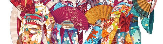 Grupo de chicas de manga de anime en kimono sosteniendo un abanico de papel