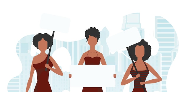 Un grupo de chicas salió a protestar Banner en tonos azules Ilustración vectorial en un estilo plano