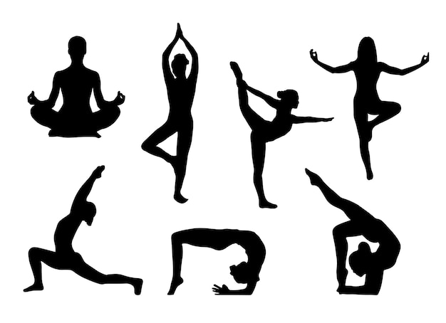 Un grupo de chicas silueta haciendo ejercicio de fitness corporal mujeres haciendo ejercicio de estiramiento corporal vector