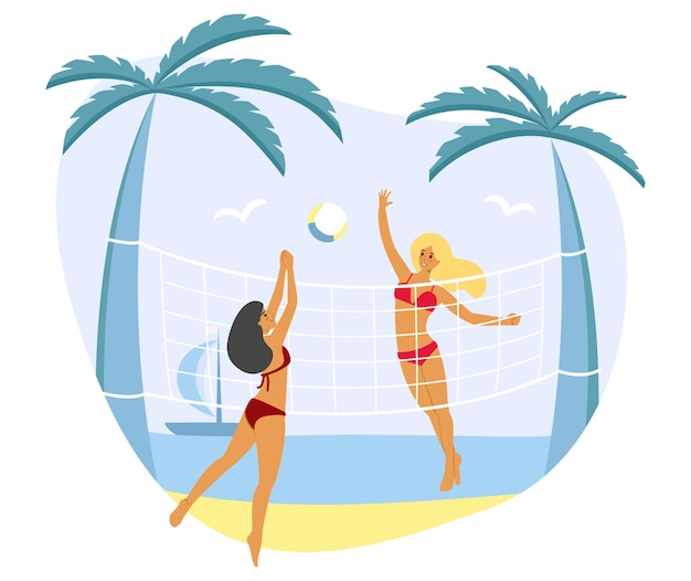 Grupo de chicas en traje de baño jugando voleibol en la playa de verano