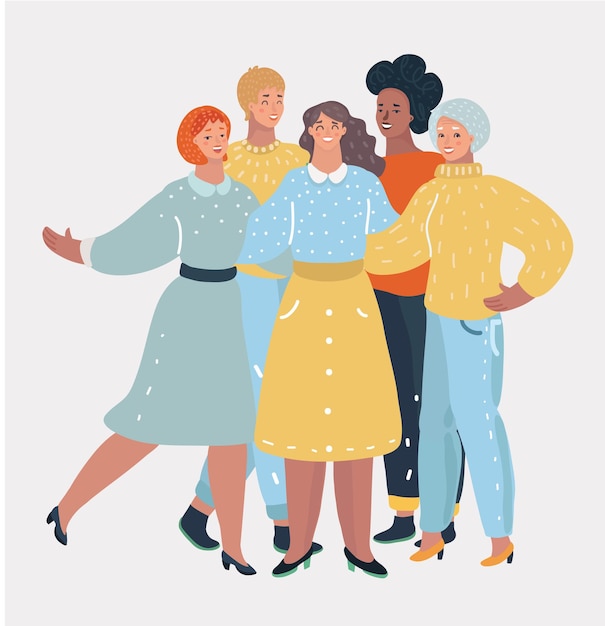 Vector grupo de cinco mujeres sonrientes están abrazando amistades femeninas o femeninas ilustración de dibujos animados vectoriales en concepto moderno