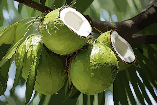 Grupo de un coco verde en el árbol Foto en primer plano Árbol de coco en el jardín Fruta saludable