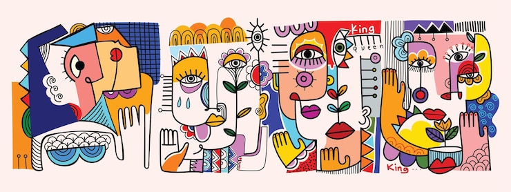 Vector grupo de colorido abstracto cara retrato cubismo arte estilo línea decorativa dibujado a mano diseño vectorial