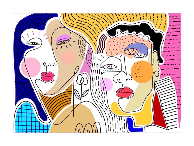 Grupo de colorido abstracto cara retrato cubismo arte estilo línea decorativa dibujado a mano diseño vectorial