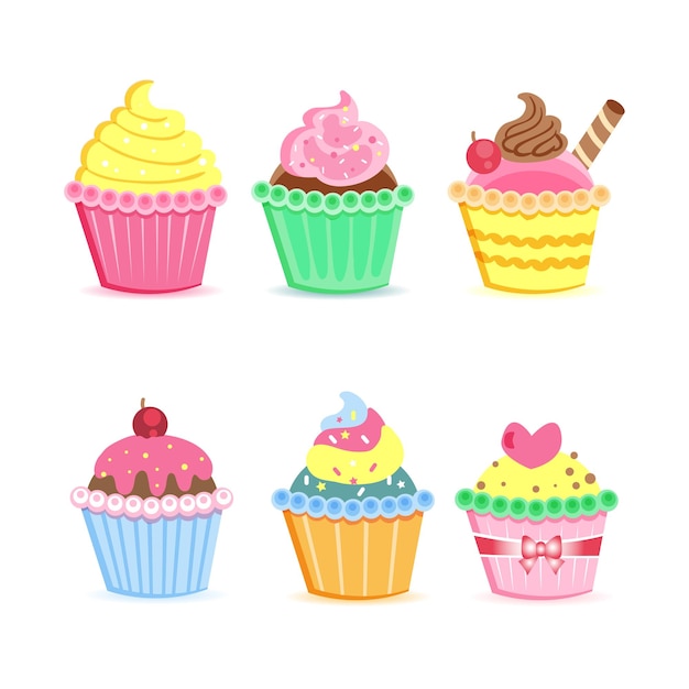 Vector grupo, de, colorido, cupcakes, ilustración