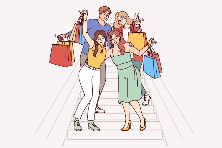 Vector un grupo de compradores adictos a las compras con bolsas de papel multicolores están de pie en las escaleras