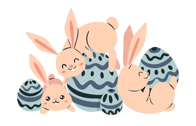 Un grupo de conejitos juegan con huevos de Pascua. Lindos conejos rosados con huevos decorados sobre un fondo blanco. Ilustración infantil aislada con liebres. Vector.