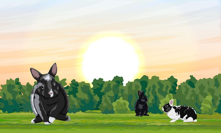 Vector un grupo de conejos está sentado sobre la hierba verde con arbustos bajos conejos en el hábitat