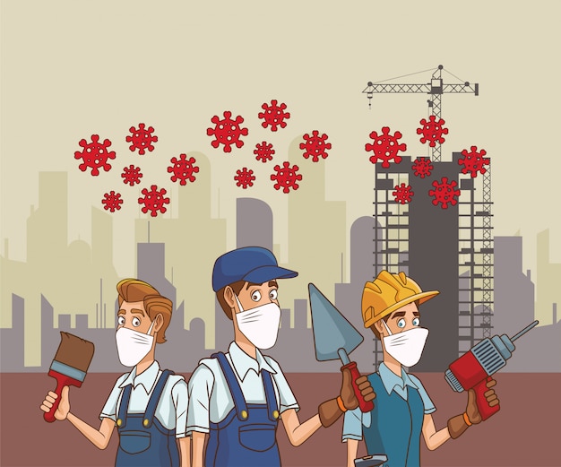 Grupo de constructores con mascarilla