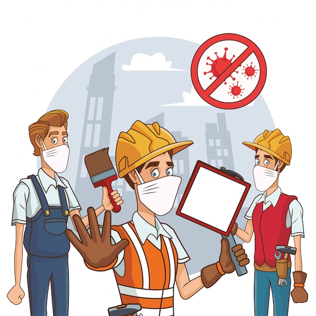 Vector grupo de constructores con mascarilla