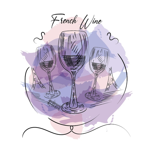 Grupo de copas de vino francesas tradicionales Dibujo acuarela Ilustración vectorial