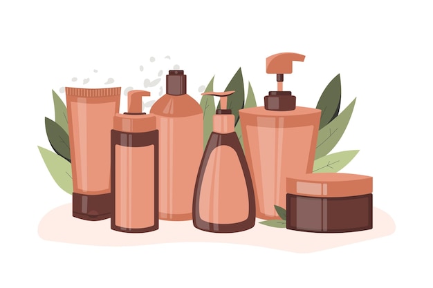 Vector grupo de cosméticos de cuidado sobre fondo vegetal. botellas de mascarilla, champú, bálsamo, crema, espuma.