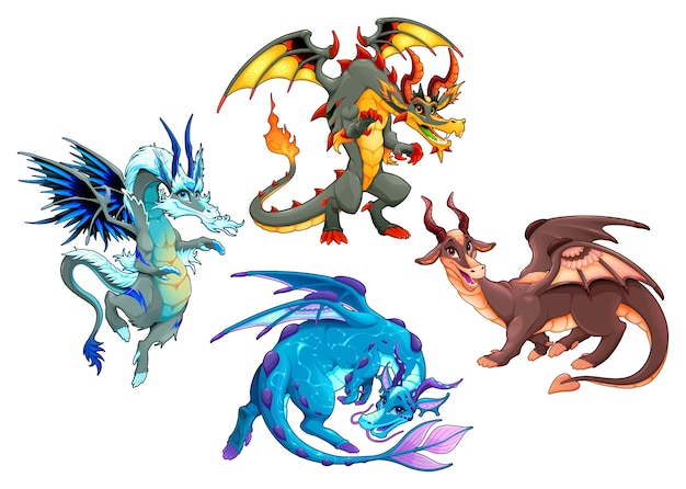 Grupo de cuatro dragones. Personajes de fantasía de vector aislados.