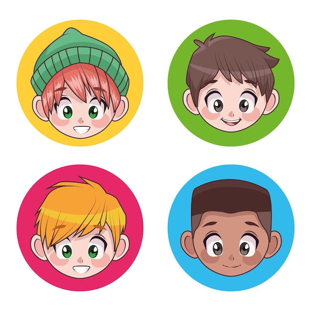 Vector grupo de cuatro jóvenes adolescentes interraciales muchachos niños cabezas personajes ilustración