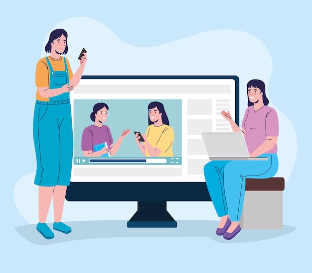 Grupo de cuatro niñas que conectan el diseño de ilustraciones de educación en línea