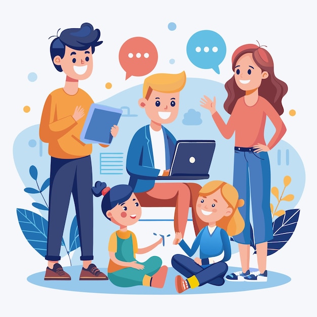 Un grupo de cuatro personas dos adultos y dos niños están interactuando los adultos tienen una tableta y una computadora portátil los niños están sentados en el suelo mirando a los adultos