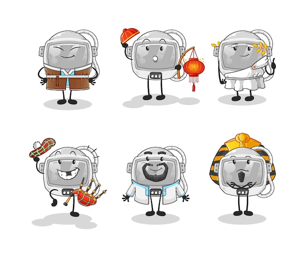 El grupo cultural mundial de astronautas. vector de mascota de dibujos animados