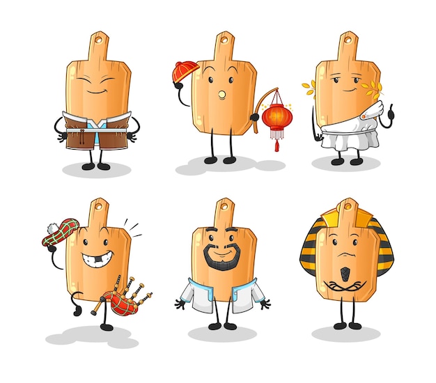 El grupo cultural mundial de manteles individuales de madera. vector de mascota de dibujos animados