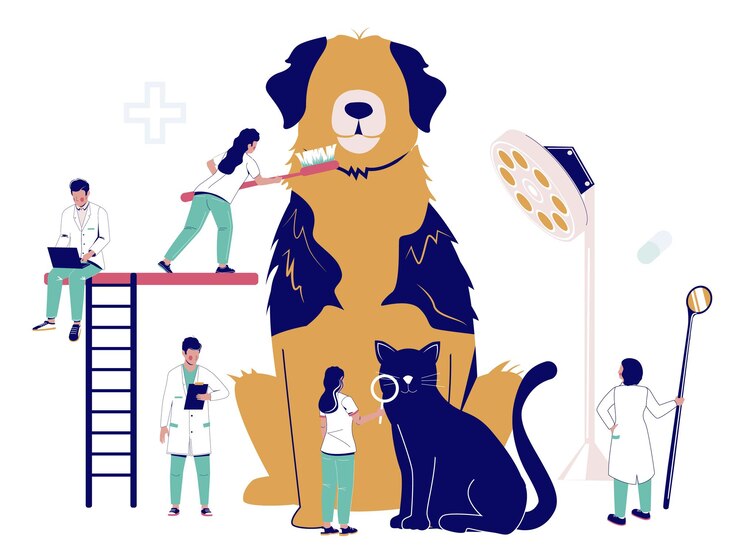Vector grupo de dentistas veterinarios cepillando los dientes de un perro con un cepillo de dientes