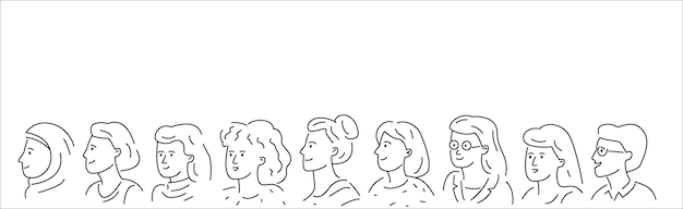 Grupo dibujado a mano de diferentes mujeres. Ilustración de vector de doodle de contorno.