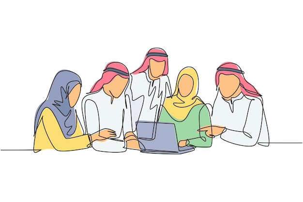 Un grupo de dibujo de líneas continuas de gerentes de marketing musulmanes que hablan de estrategia para aumentar el producto.