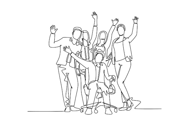 Grupo de dibujo de una sola línea gerente masculino y gerente femenina bonita celebrando su éxito alcanzar el objetivo de negocio Concepto de objetivo de trabajo en equipo Diseño de dibujo de línea continua ilustración vectorial gráfica