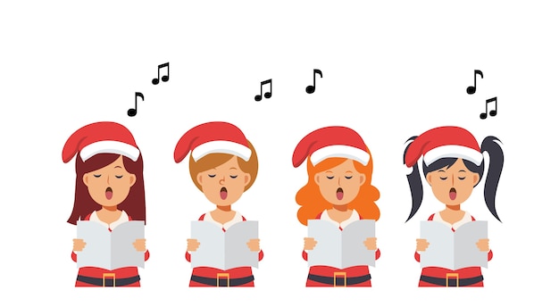 Vector grupo de dibujos animados de chicas cantando villancicos. feliz navidad.