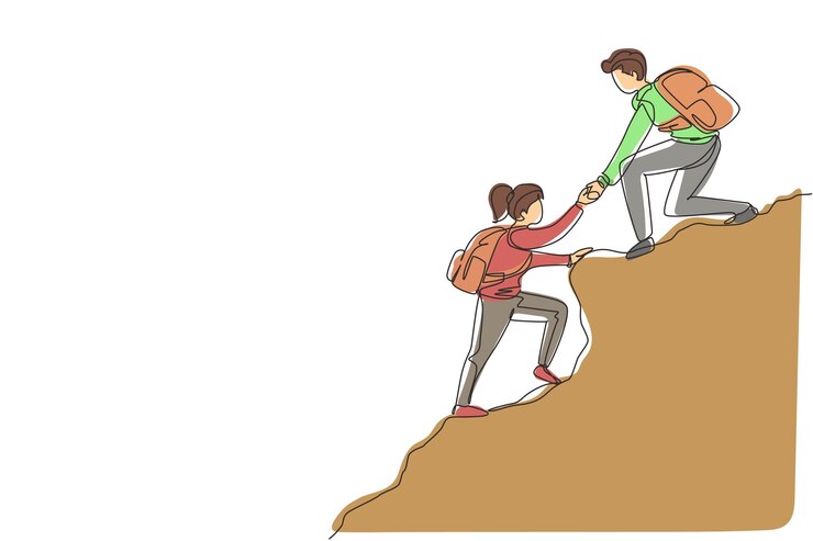 Vector un grupo de dibujos continuos de una línea de personas, hombre y mujer, ayudándose mutuamente a escalar un vector de montaña.