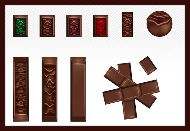 Vector un grupo de diferentes chocolates individuales con chocolate líquido