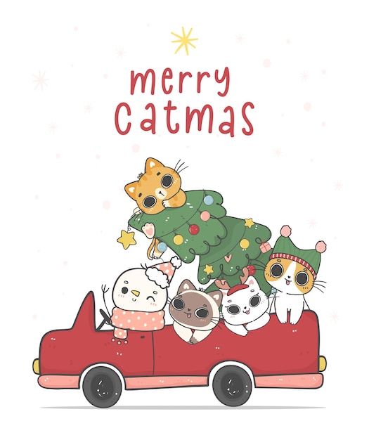 Grupo de diferentes razas de gatos y muñecos de nieve en un coche de Navidad rojo de Navidad con pino feliz catmas dibujos animados garabato vector dibujado a mano