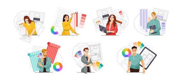 Grupo de diseñadores de interiores con herramientas de decoración y paletas de colores trabajando juntos ilustración vectorial
