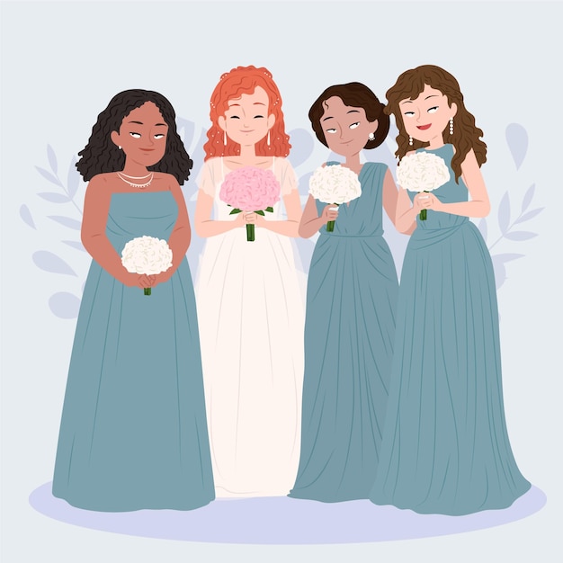 Vector grupo de diseño plano de damas de honor con novia.