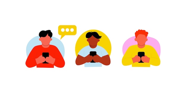 Un grupo diverso de amigos hablando en sus teléfonos inteligentes