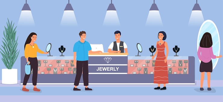 Vector grupo diverso de clientes mirando joyas a la venta en una tienda con un asistente detrás del mostrador