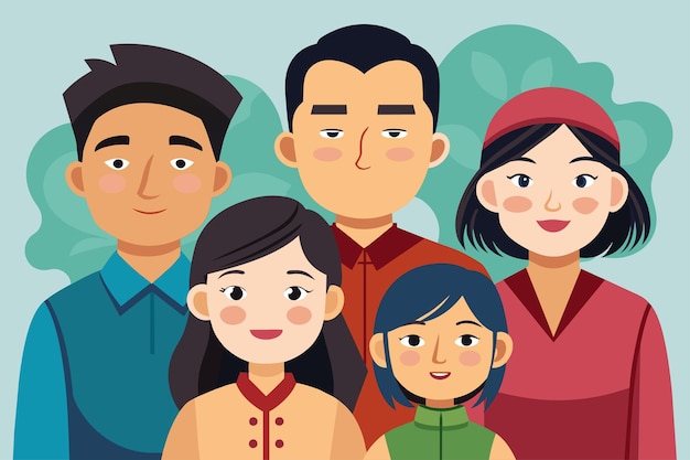 Vector un grupo diverso de individuos de ascendencia asiática de pie uno al lado del otro en una ilustración semi plana ilustrar el concepto de segmentación de clientes en la publicidad digital