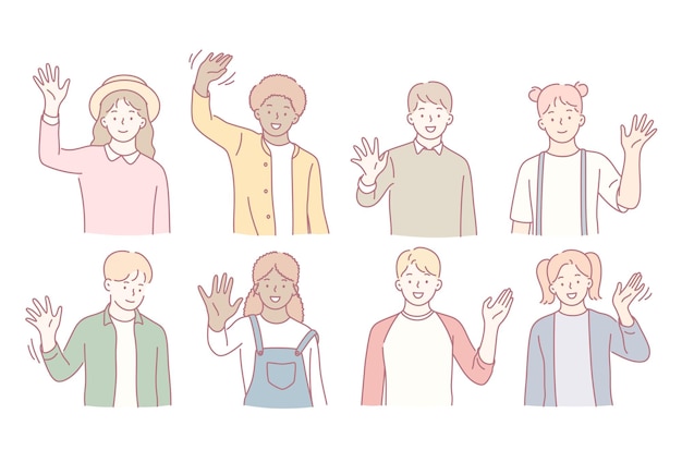 Un grupo diverso de jóvenes saludando en alegres ilustraciones que capturan la alegría