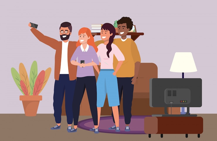 Vector grupo diverso milenario tomando selfie en interiores