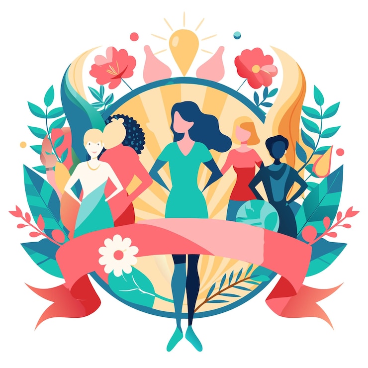 Vector grupo diverso de mujeres de pie juntas decoradas con flores y hojas con una cinta rosa